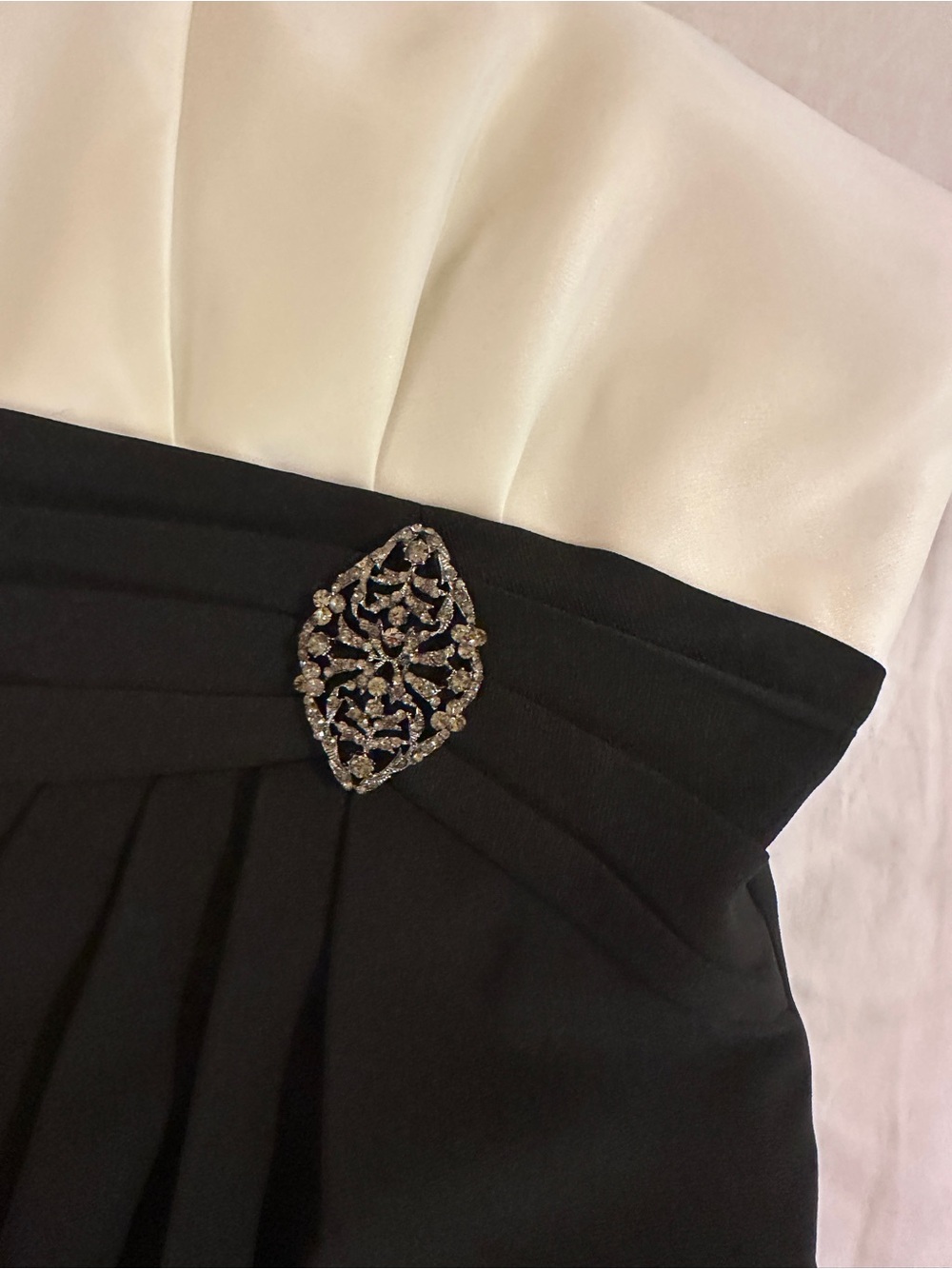 WHBM Black and Ivory Strapless Dress with Rhinestone Brooch